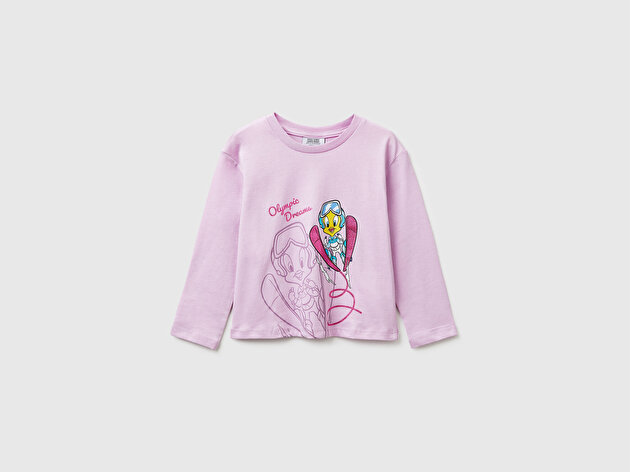 Benetton Kız Bebek Pembe Looney Tunes Baskılı Yuvarlak Yaka Uzun Kollu T-Shirt