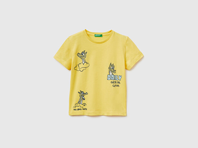Benetton Erkek Bebek Sarı Çok Renkli Baskılı Bisiklet Yaka T-Shirt
