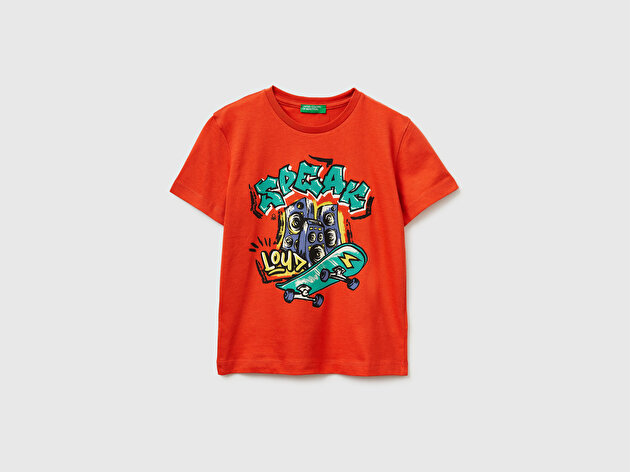 Benetton Erkek Bebek Kırmızı Çok Renkli Baskılı Bisiklet Yaka T-Shirt