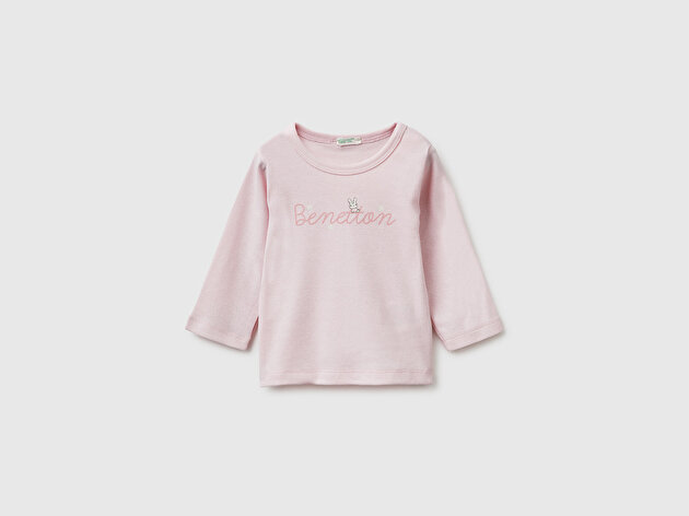 Benetton Bebek Su Bazlı Logo Baskılı Omzu Gizli Çıtçıtlı Uzun Kollu T-Shirt
