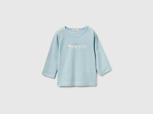 Benetton Bebek Su Bazlı Logo Baskılı Omzu Gizli Çıtçıtlı Uzun Kollu T-Shirt