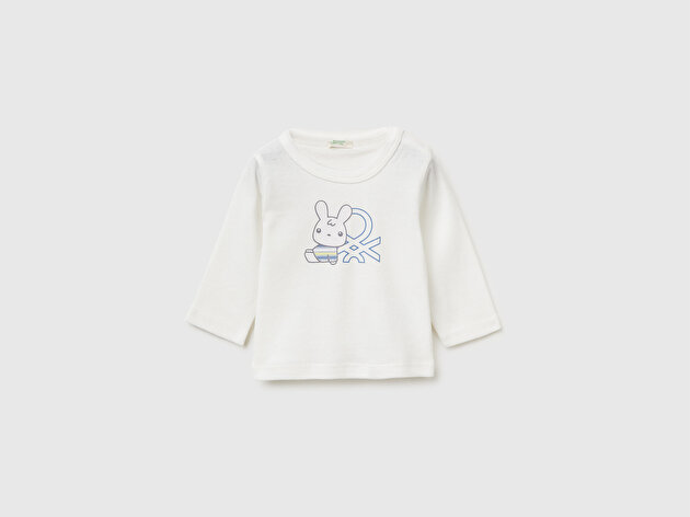 Benetton Bebek Su Bazlı Logo Baskılı Omzu Gizli Çıtçıtlı Uzun Kollu T-Shirt