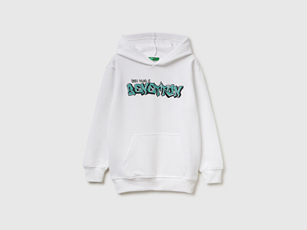 Benetton Erkek Çocuk Önü Logo Baskılı Kanguru Cepli Kapüşonlu Sweatshirt
