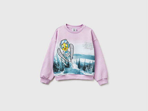 Benetton Kız Çocuk Looney Tunes Baskılı Uzun Kollu Bisiklet Yaka Sweatshirt