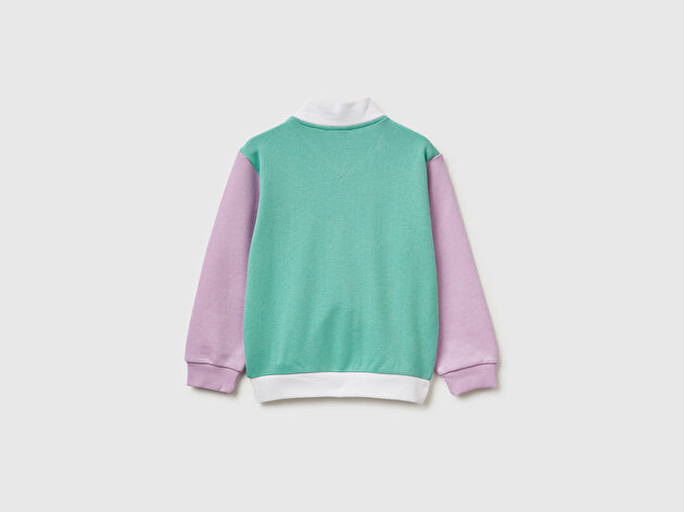 Benetton Kız Bebek Beyaz Mix Simli Grafik Baskılı Logolu Cepli Fermuarlı Sweatshirt
