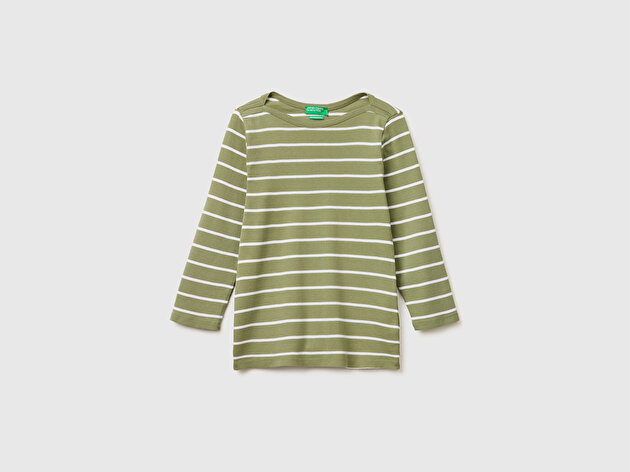 Benetton Kadın Yeşil %100 Pamuk Çizgili Kayık Yaka Sweatshirt