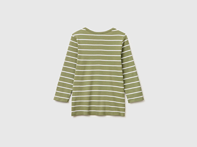 Benetton Kadın Yeşil %100 Pamuk Çizgili Kayık Yaka Sweatshirt