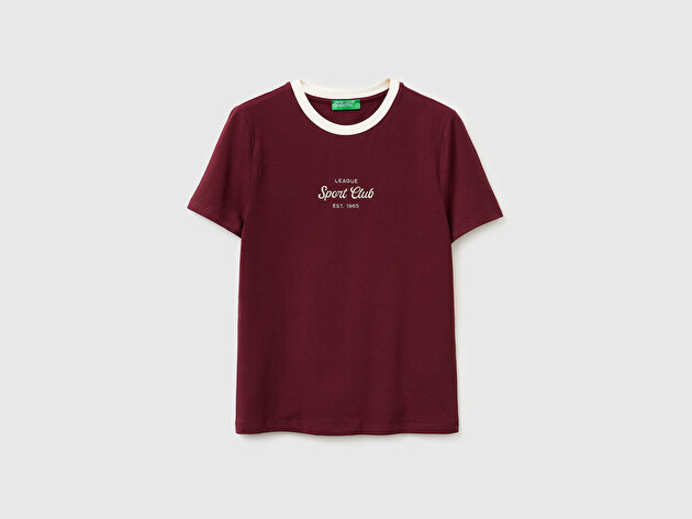 Benetton Kadın Bordo Pamuk Karışımlı Önü İşlemeli Bisiklet Yaka T-Shirt