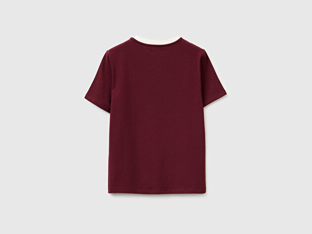 Benetton Kadın Bordo Pamuk Karışımlı Önü İşlemeli Bisiklet Yaka T-Shirt