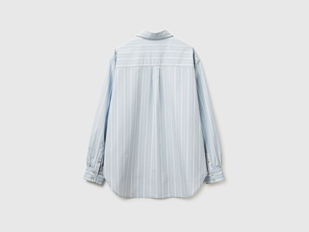 Benetton Kadın Açık Mavi %100 Pamuk Şeritli Poplin Gömlek
