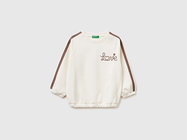 Benetton Kız Bebek Ekru Logo İşlemeli Ribanalı Bisiklet Yaka Sweatshirt
