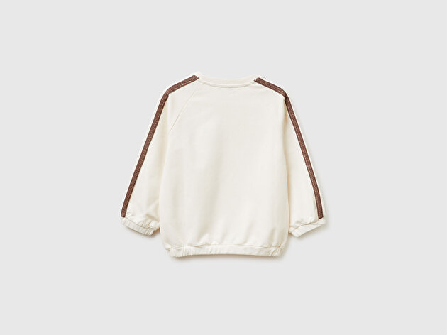 Benetton Kız Bebek Ekru Logo İşlemeli Ribanalı Bisiklet Yaka Sweatshirt