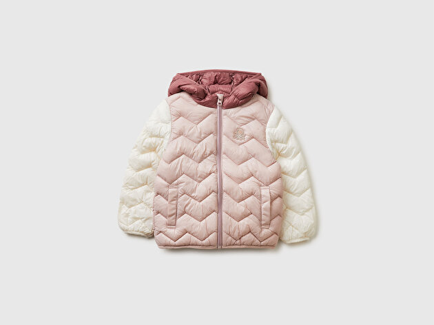 Benetton Kız Bebek Simli Logo İşlemeli Kapüşonlu Mevsimlik İnce Mont