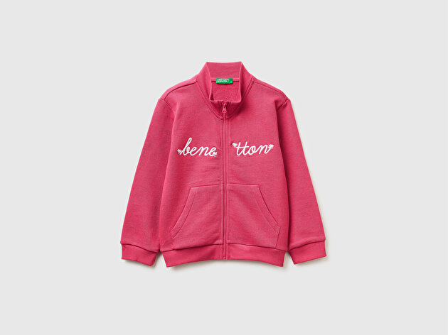 Benetton Kız Bebek Koyu Pembe Simli Grafik Baskılı Logolu Cepli Fermuarlı Sweatshirt
