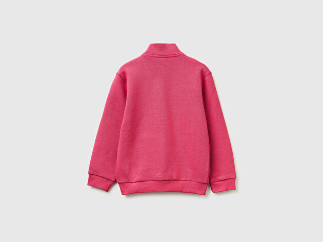Benetton Kız Bebek Koyu Pembe Simli Grafik Baskılı Logolu Cepli Fermuarlı Sweatshirt
