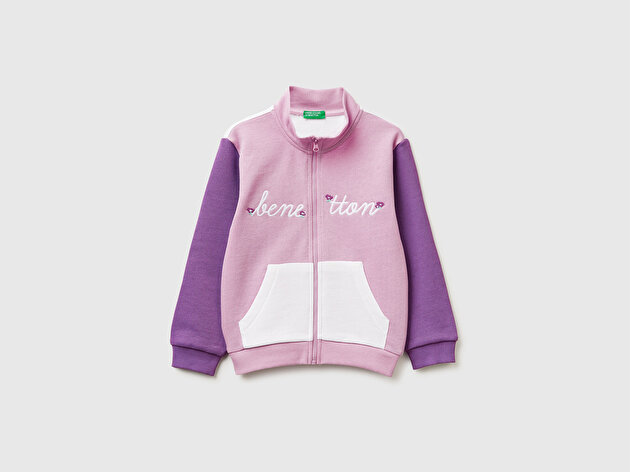 Benetton Kız Bebek Lila-Beyaz Mix Simli Grafik Baskılı Logolu Cepli Fermuarlı Sweatshirt
