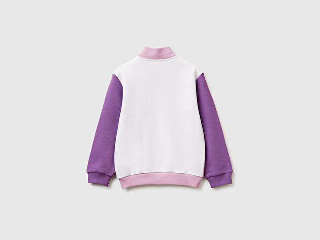 Benetton Kız Bebek Lila-Beyaz Mix Simli Grafik Baskılı Logolu Cepli Fermuarlı Sweatshirt
