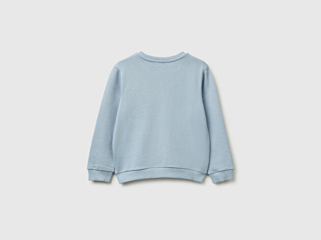 Benetton Kız Bebek Buz Mavisi Baskılı İşlemeli Bisiklet Yaka Sweatshirt