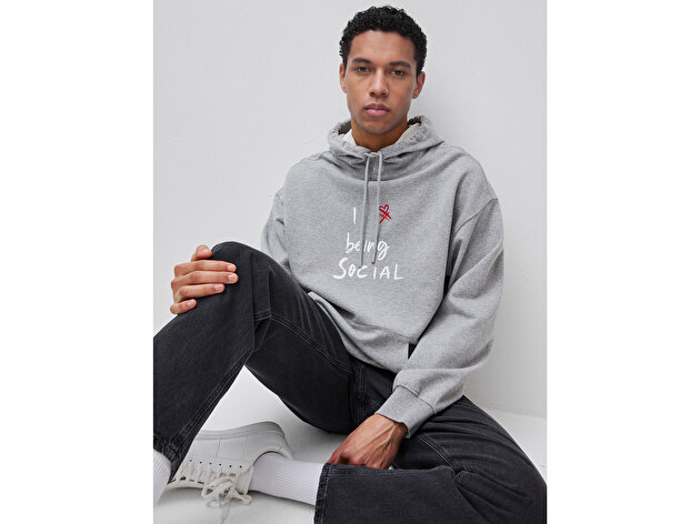 Benetton Erkek Gri Melanj  %100 Pamuk Grafik Baskılı Kapüşonlu Sweatshirt