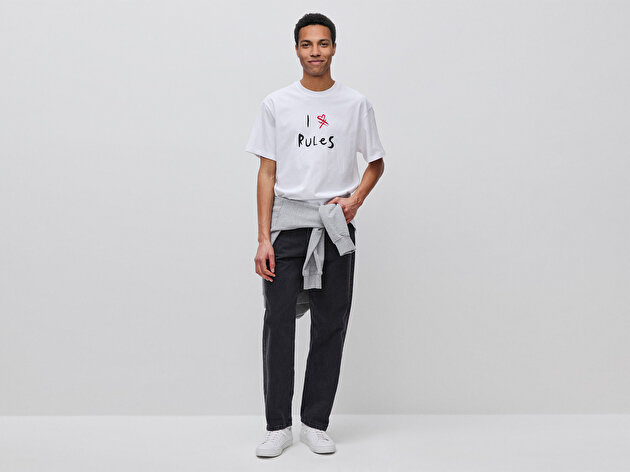 Benetton Erkek Beyaz  %100 Pamuk Grafik Baskılı Bisiklet Yaka T-Shirt