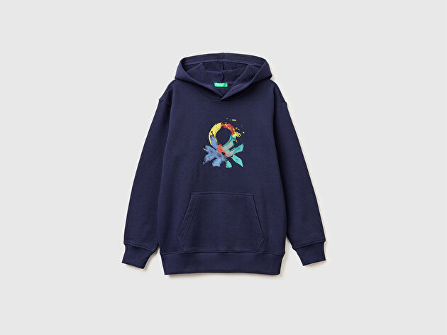 Benetton Erkek Çocuk Önü Logo Baskılı Kanguru Cepli Kapüşonlu Sweatshirt