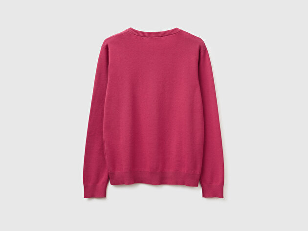 Benetton Kadın Fuşya %100 Pamuk Düğmeli Yuvarlak Yaka Hırka