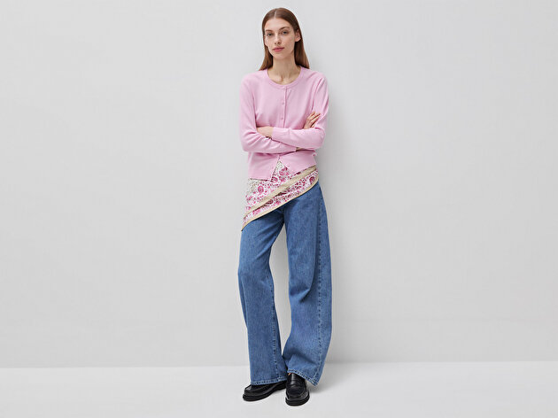 Benetton Kadın Pembe %100 Pamuk Düğmeli Yuvarlak Yaka Hırka