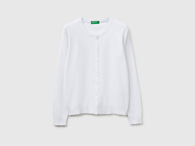 Benetton Kadın Beyaz %100 Pamuk Düğmeli Yuvarlak Yaka Hırka