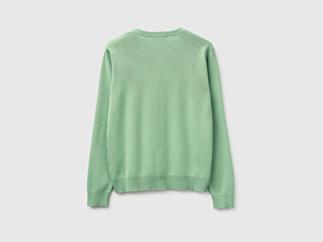 Benetton Kadın Su Yeşili %100 Pamuk Düğmeli Yuvarlak Yaka Hırka