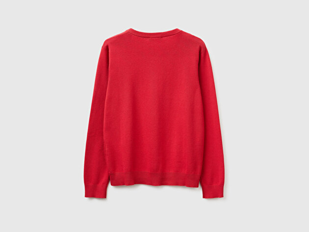 Benetton Kadın Kırmızı %100 Pamuk Düğmeli Yuvarlak Yaka Hırka