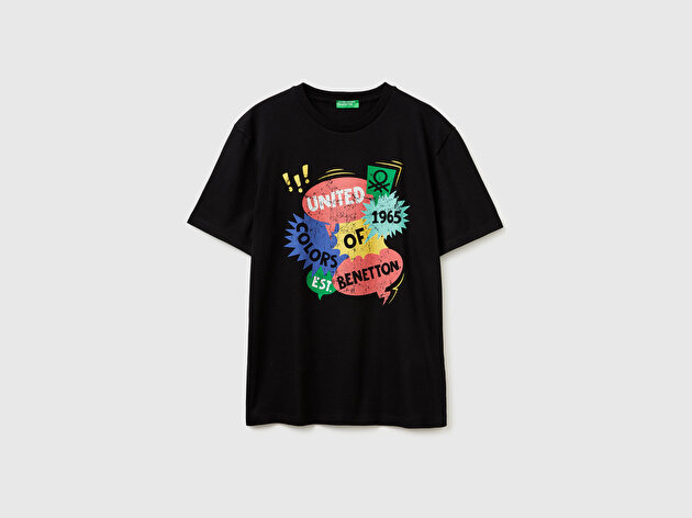 Benetton Erkek Siyah  %100 Pamuk Logo Baskılı Regular Fit Bisiklet Yaka T-Shirt