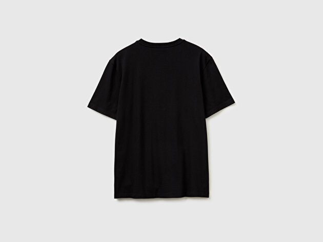 Benetton Erkek Siyah  %100 Pamuk Logo Baskılı Regular Fit Bisiklet Yaka T-Shirt