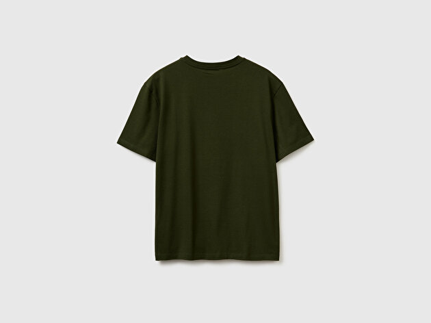 Benetton Erkek Koyu Yeşil  %100 Pamuk Logo Baskılı Regular Fit Bisiklet Yaka T-Shirt