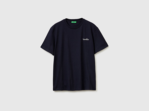 Benetton Erkek Lacivert  %100 Pamuk Logo Baskılı Regular Fit Bisiklet Yaka T-Shirt