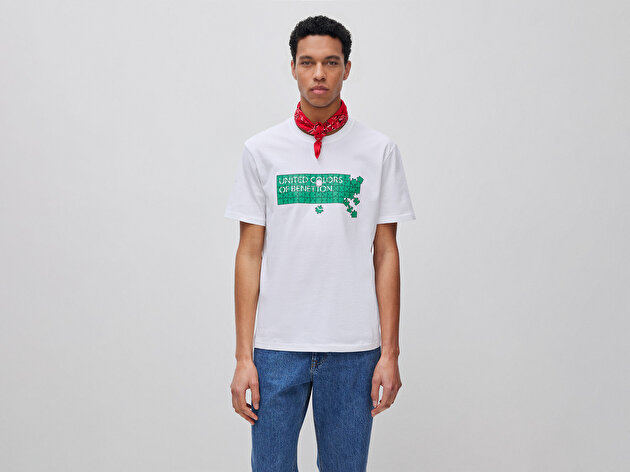 Benetton Erkek Beyaz Mix  %100 Pamuk Logo Baskılı Regular Fit Bisiklet Yaka T-Shirt