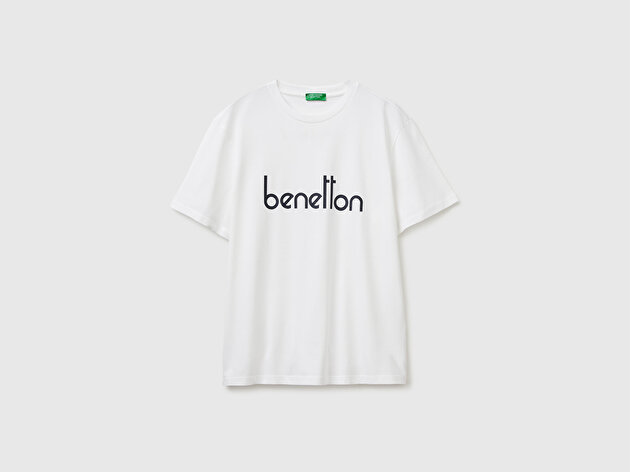 Benetton Erkek Beyaz  %100 Pamuk Logo Baskılı Regular Fit Bisiklet Yaka T-Shirt