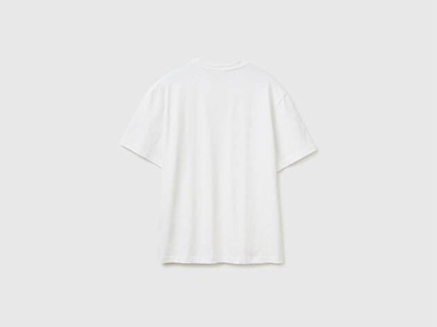 Benetton Erkek Beyaz  %100 Pamuk Cepli Arkası Logo Nakışlı Bisiklet Yaka T-Shirt