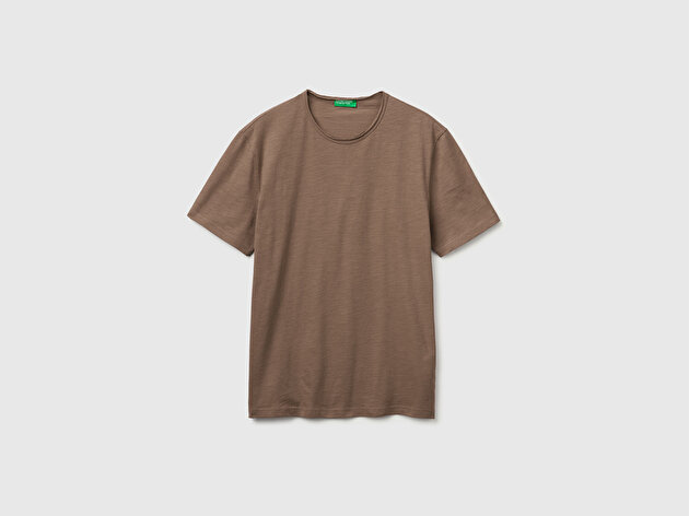 Benetton Erkek Kahverengi  %100 Pamuk Regular Fit Bisiklet Yaka T-Shirt