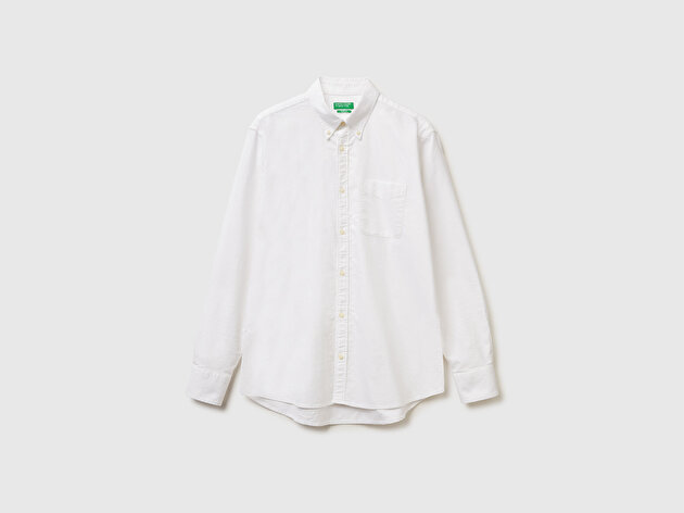 Benetton Erkek Beyaz %100 Pamuk Göğsü Cep Detaylı Uzun Kollu Düz Gömlek