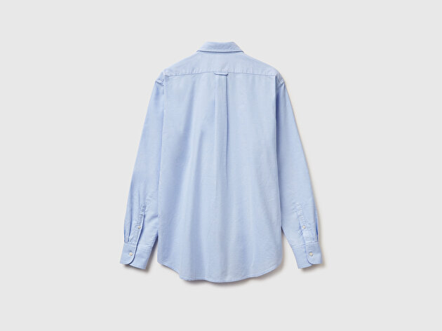 Benetton Erkek Açık Mavi %100 Pamuk Göğsü Cep Detaylı Uzun Kollu Düz Gömlek
