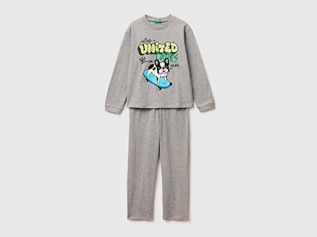 Benetton Erkek Çocuk Gri melanj Kabarık Simli Baskılı Uzun Kollu Pijama Takımı