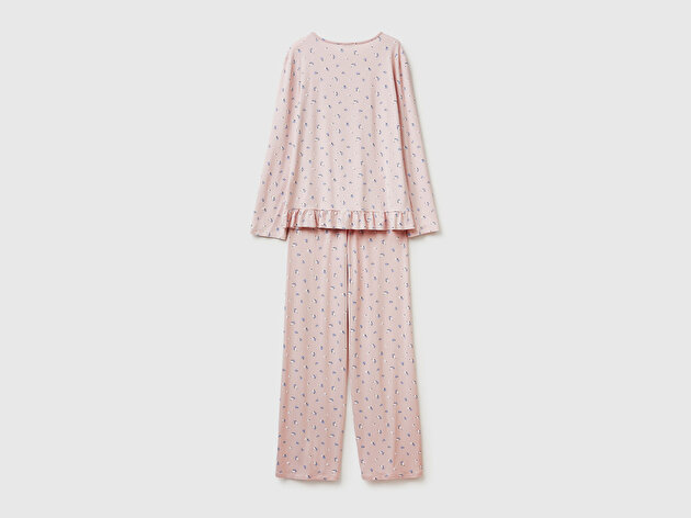 Benetton Kadın Pembe Viskoz Karışımlı Desenli Comfort Fit Pijama Takımı