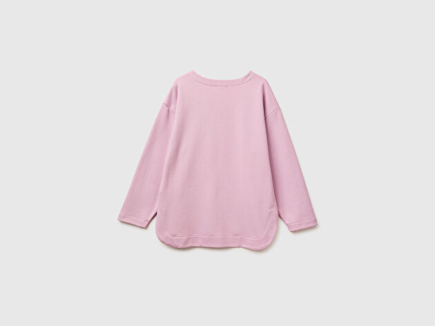 Benetton Kadın Açık Pembe Pamuk Karışımlı Simli Baskılı Yuvarlak Yaka Sweatshirt