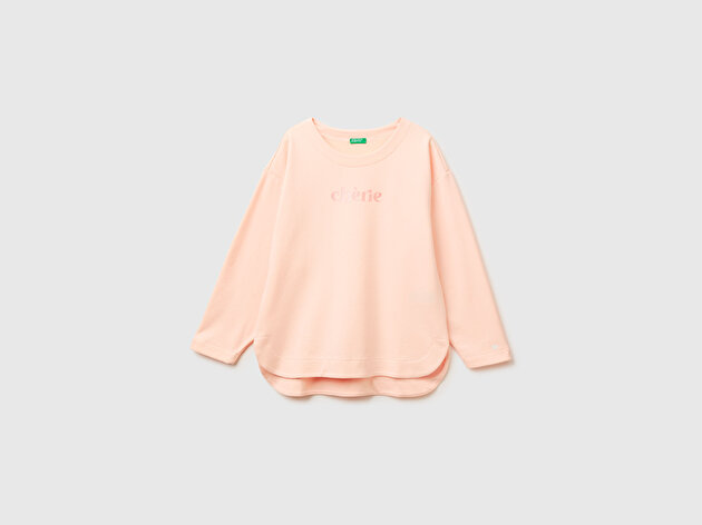 Benetton Kadın Krem Pamuk Karışımlı Simli Baskılı Yuvarlak Yaka Sweatshirt