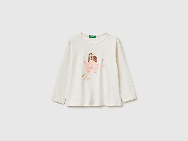 Benetton Kız Bebek Ekru Baskılı Uzun Kollu Bisiklet Yaka T-Shirt