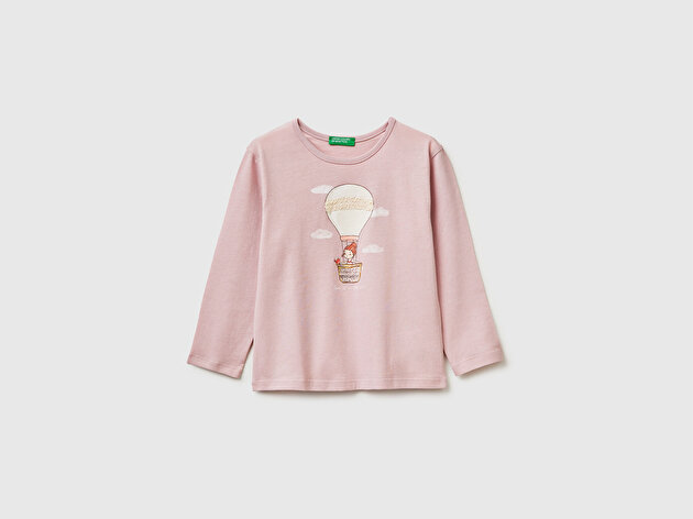 Benetton Kız Bebek Gül Kurusu Baskılı Uzun Kollu Bisiklet Yaka T-Shirt