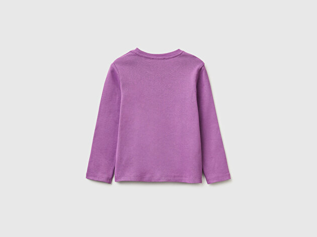 Benetton Kız Bebek Mor Simli Renkli Grafik Baskılı Yuvarlak Yaka Uzun Kollu T-Shirt