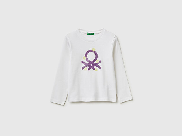Benetton Kız Bebek Beyaz Simli Renkli Grafik Baskılı Yuvarlak Yaka Uzun Kollu T-Shirt