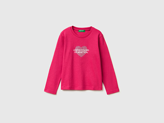 Benetton Kız Bebek Koyu Pembe Simli Renkli Grafik Baskılı Yuvarlak Yaka Uzun Kollu T-Shirt