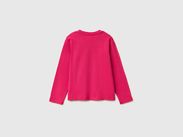 Benetton Kız Bebek Koyu Pembe Simli Renkli Grafik Baskılı Yuvarlak Yaka Uzun Kollu T-Shirt